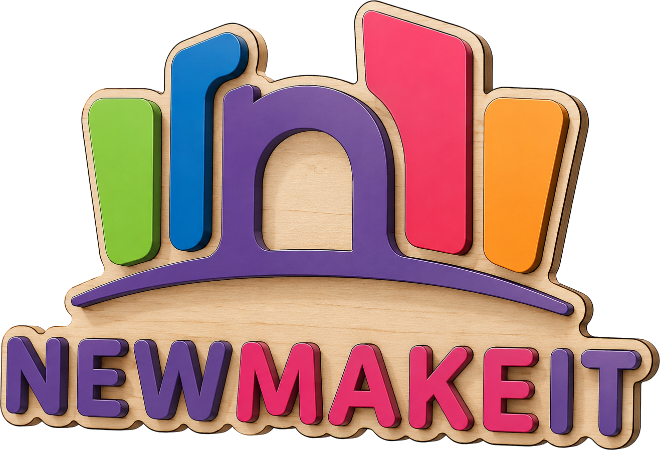 Laser cut NewMakeIt logo sign