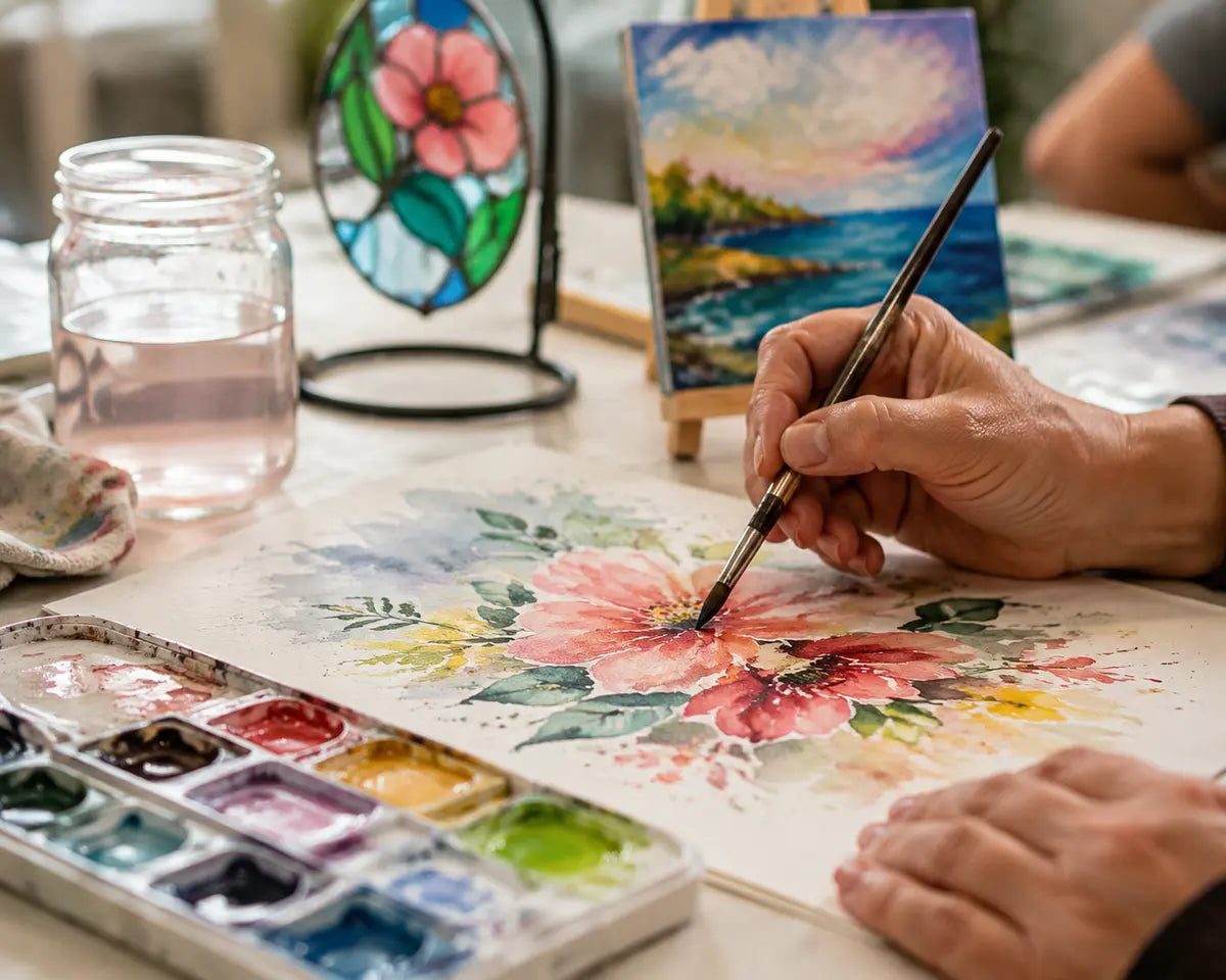 Hands painting at a bright art workshop table