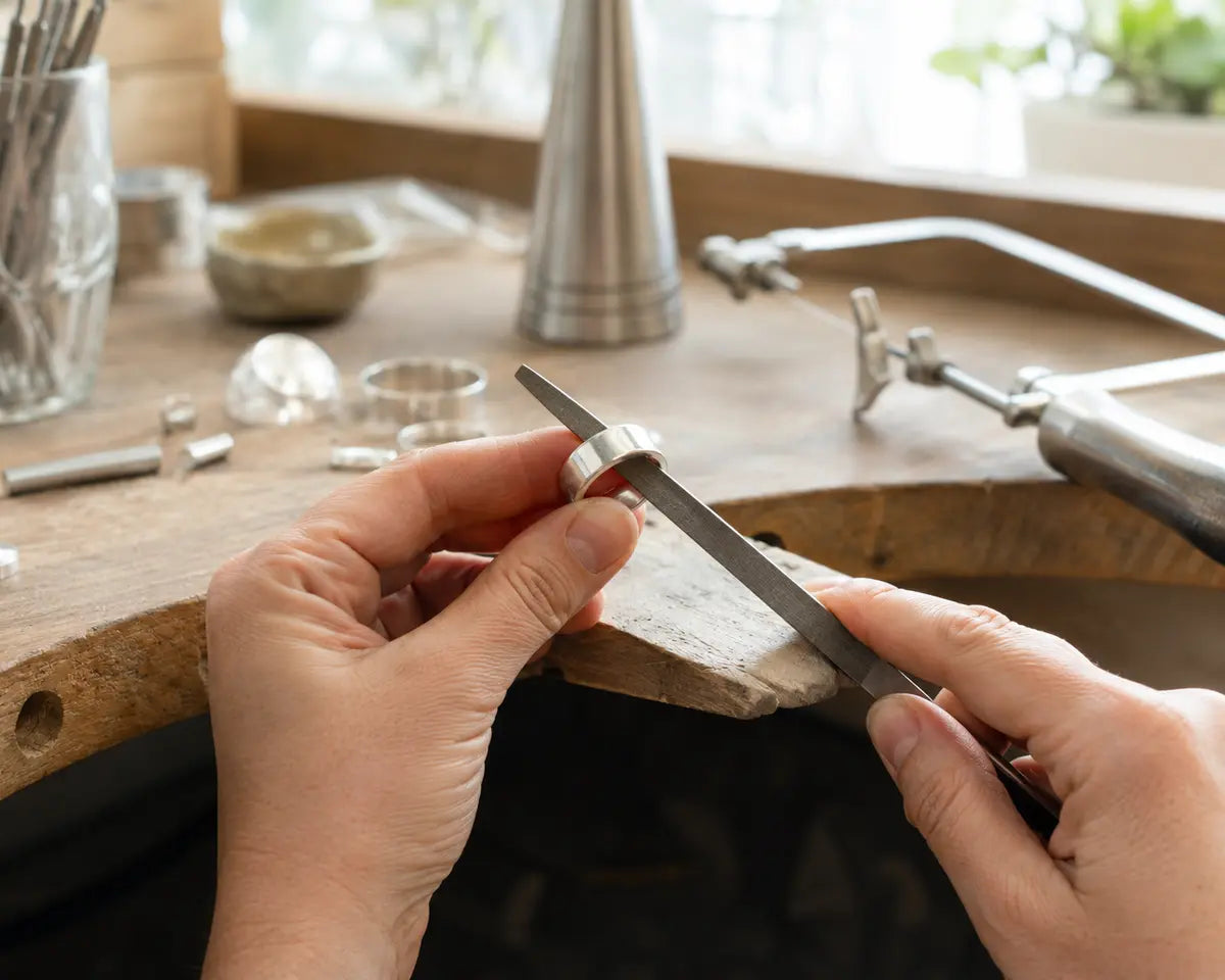 Hands forming a silver ring at a jewellery bench