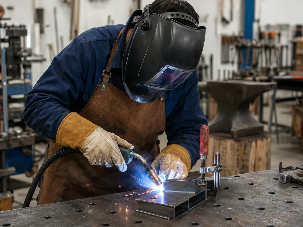 A maker welding a steel project with protective equipment