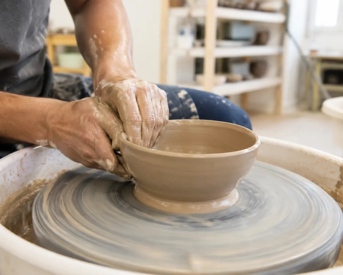 Hands shaping a clay bowl on a pottery wheel