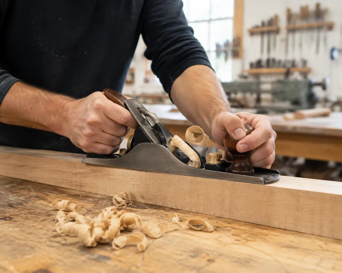 Hands planing a hardwood board at a woodworking bench
