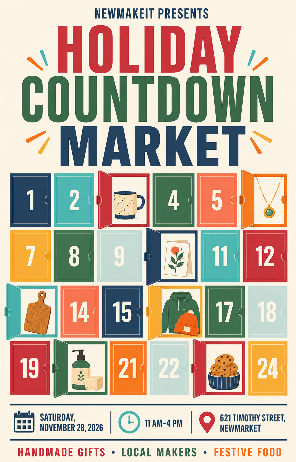 Holiday Countdown Market poster: Saturday, November 28, 2026, 11 AM to 4 PM at 621 Timothy Street, Newmarket