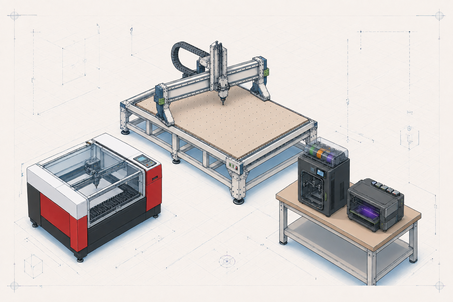 Architectural drawing of a Trotec Speedy laser, AXYZ Z7 CNC router, Bambu Lab H2C and EufyMake printer